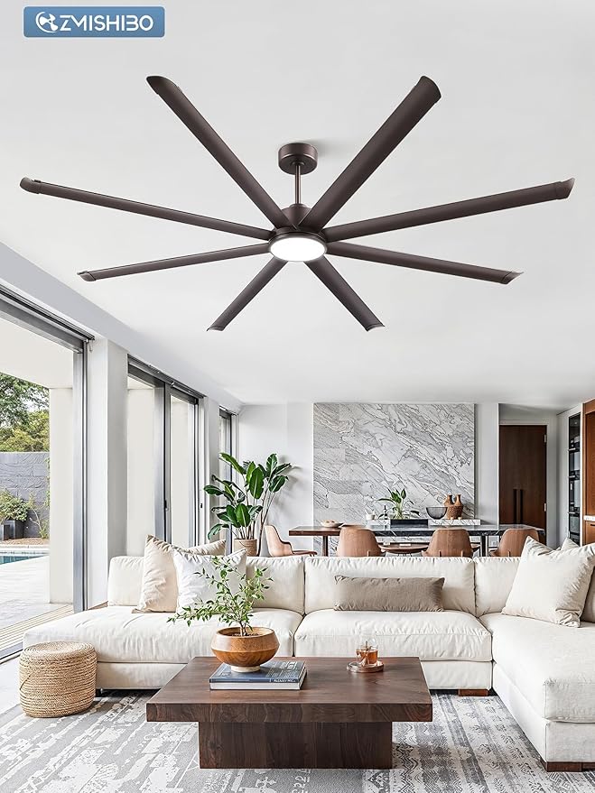 ZMISHIBO 96 Inch Ceiling Fans with Lights, Large Indoor/Outdoor Industrial Ceiling Fan with 8 Aluminum Reversible Blades, Quiet DC Motor, 3CCT& 6-Speed Remote Control, Damp Rated for Porch/Garage/Shop