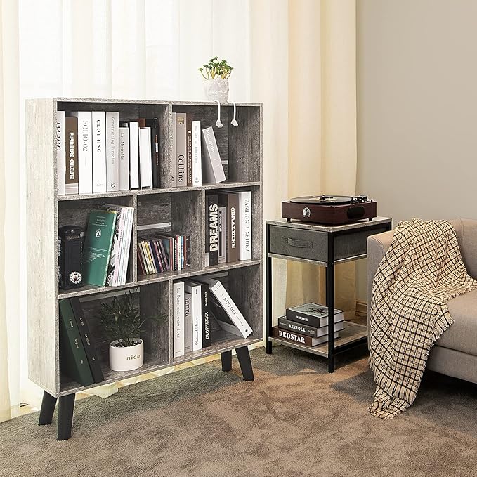 LEYAOYAO Bookshelf Cube Storage Organizer,3 Tier Bookcase with Legs,Modern Wood Open Shelf,Dirty Gray Bookshelfs,Free Standing Display Short Book Shelves for Narrow Space,Bedroom,Living Room,Office