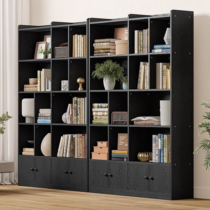 IRONCK Bookshelfs and Bookcase, 6 Tiers Large Bookshelf with 4 Doors, Floor Standing Tall Display Storage Shelves for Home Office, Living Room, Bedroom, Black