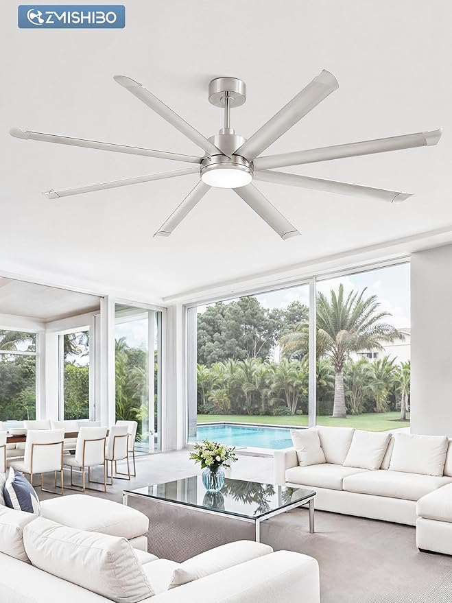 ZMISHIBO 84 Inch Ceiling Fans with Lights, Indoor/Outdoor Industrial Ceiling Fan with 8 Aluminum Reversible Blade, Quiet DC Motor, 3CCT & 6-Speed Remote Control, Damp Rated for Living Room/Garage/Shop