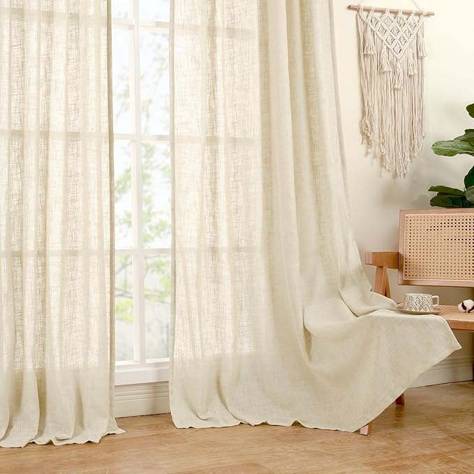 LAMIT Beige 72 inch Linen Curtains 2 Panels Set for Living Room, Soft Thick Linen Semi Sheer Light Reducing Bronze Grommet Window Treatments Neutral Drapes for Bedroom, 52 x 72 Inch