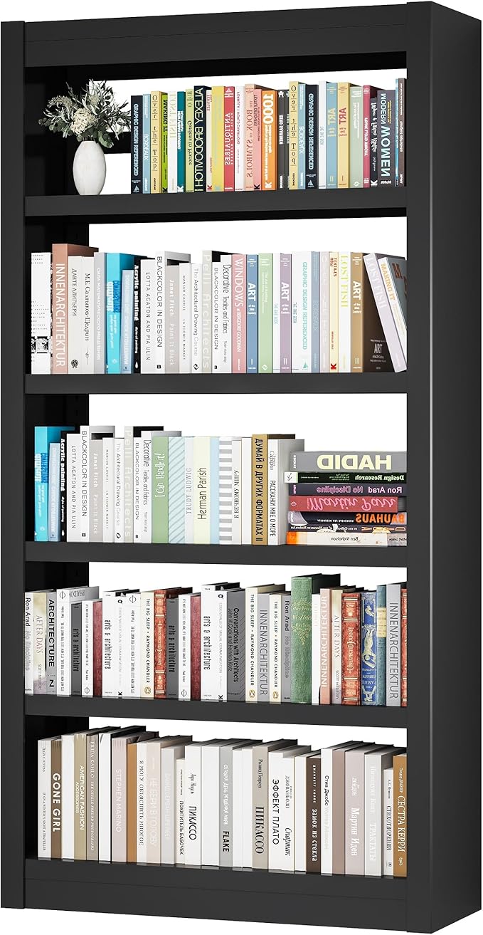 Metal Bookshelf Adjustable - 61" Tall Black Bookcase, 5 Tier Book Shelf, Toothless Assembly Book Case, Modern Bookshelfs and Bookcases for Home Office, Living Room, Bedroom, Library