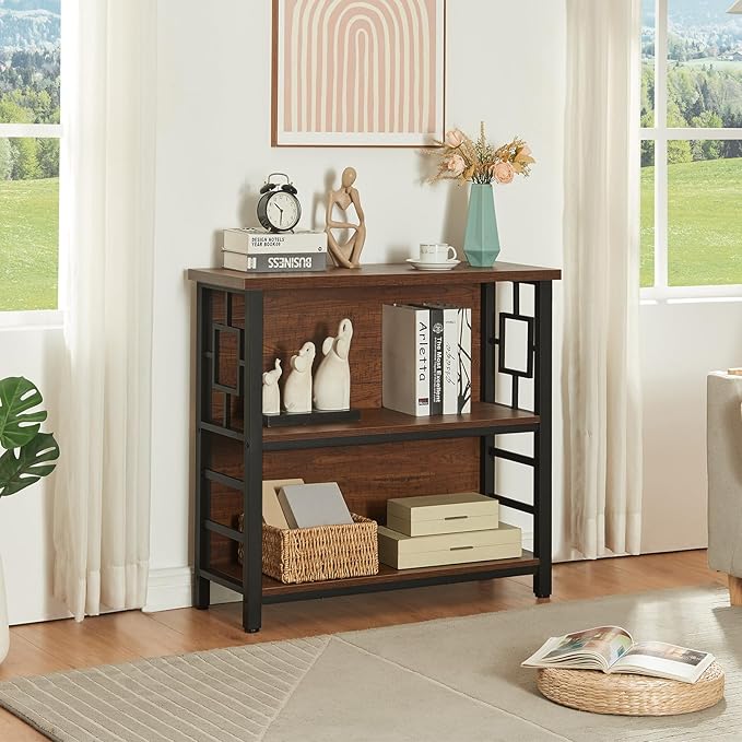 HOMISSUE Book Shelf, 3 Tier Small Bookshelf with Storage, Engineered Wood and Metal Shelf Bookcase, Low Short Bookcases for Small Space, Living Room, Bedroom, Office, Rustic Brown