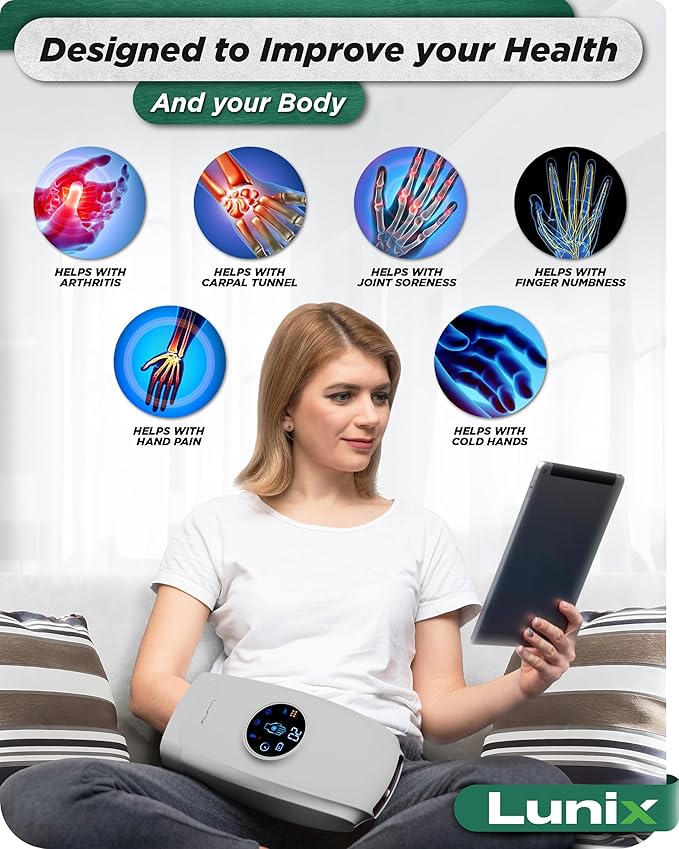 Lunix LX7 Touchscreen Electric Hand Massager with Compression and Heat, Pressure Point Therapy for Arthritis, Pain Relief, and Carpal Tunnel, Shiatsu Massage Machine, with Hand Warmer, Gray