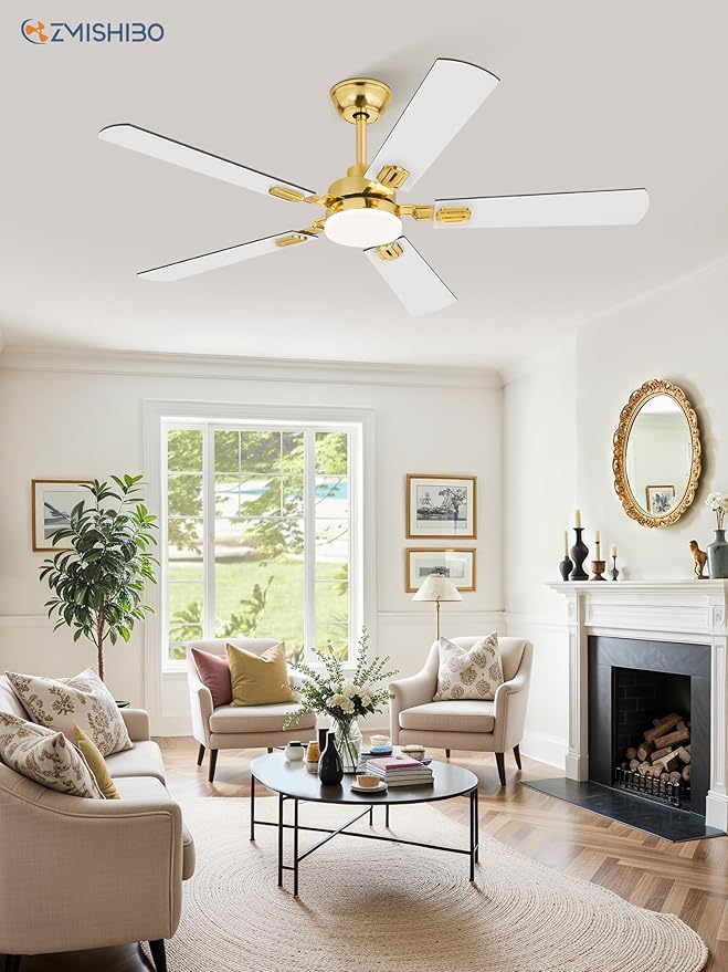 ZMISHIBO 52" Ceiling Fans with Lights, Gold Modern Ceiling Fan with Remote, Bedroom Indoor Ceiling Fan with Dual Finish Blades, Quiet & Strong Motor, Bright LED Light