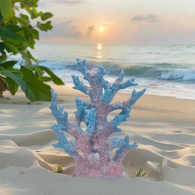Beach Coastal Decor Coral Reef Home Decor Coral Statue Sculpture Home,Desk,Bathroom,Desktop Shelf Statue,Marine Themed Gifts (Gradient Cyan Coral)