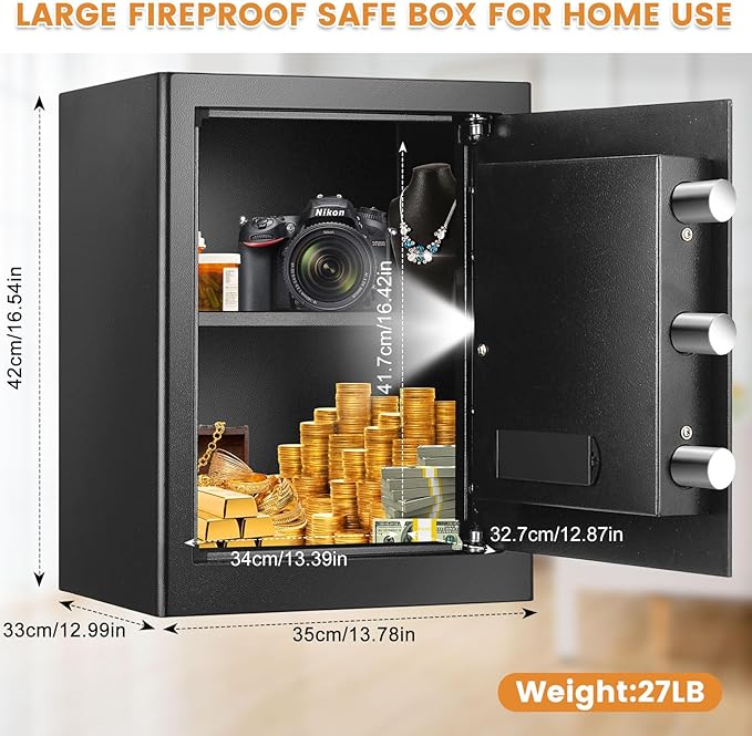 16.53" Tall Large Fire proof Safe Box for Home, 2.3 Cuft Digital Security Box with Combination Lock & Fireproof A4 Document Bag, Home Safe Fireproof Waterproof for Money Medicine Documents Valuables