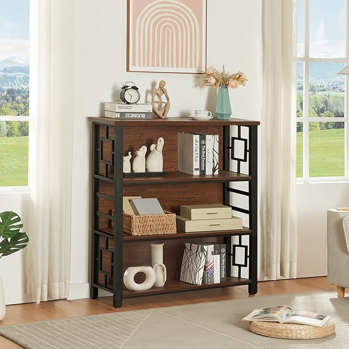 HOMISSUE Book Shelf, 4 Tier Deep Bookshelf with Storage, Engineered Wood and Metal Shelf Bookcase, Low Short Bookcases for Small Space, Living Room, Bedroom, Office, Rustic Brown