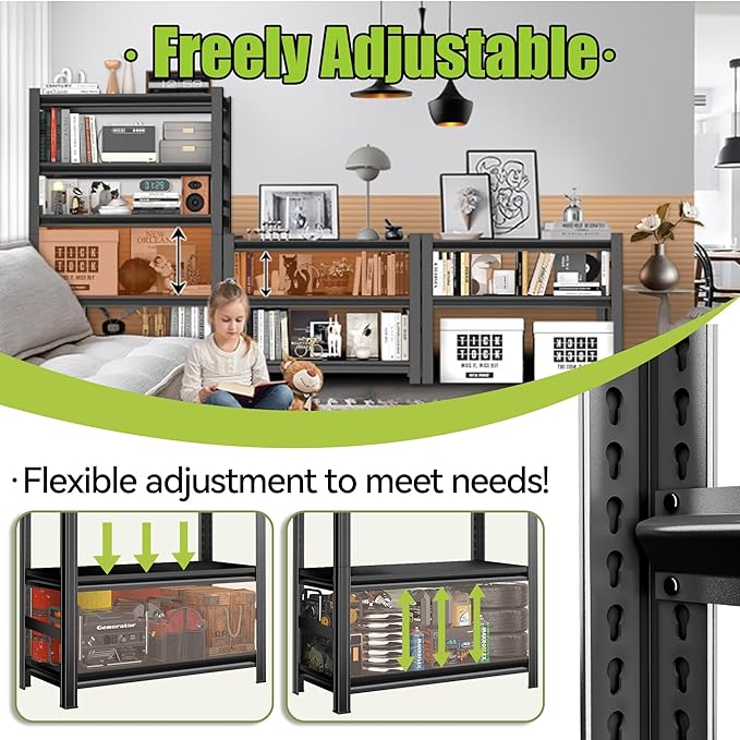 Book Shelf, 5 Tier Metal Wide Bookshelf, Heavy Duty Bookcase, Adjustable Industrial Bookshelf, Tall Book Shelf for Living Room & Bedroom and Library, Black(72" H*35.4" W*15.8" D)