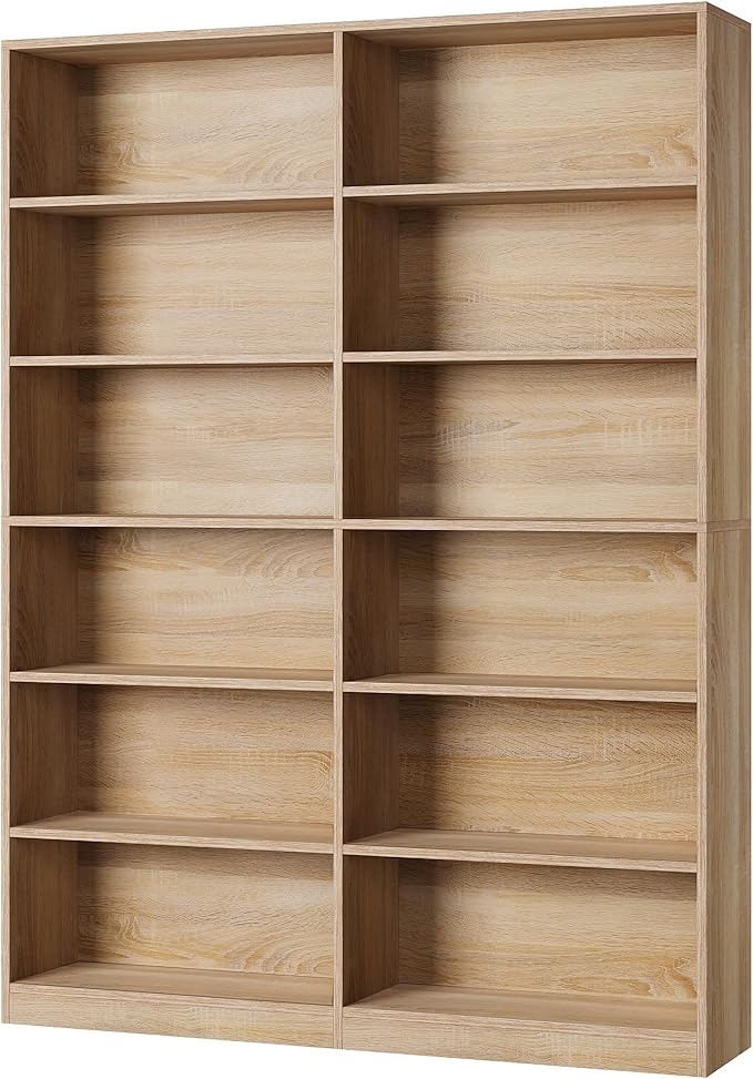 Bookshelf and Bookcase, 6-Tier Double Wide Bookshelfs,Freestanding Display Storage Shelves, Tall Bookcases for Home Decor Bedroom, Living Room, Home Office, Light Oak