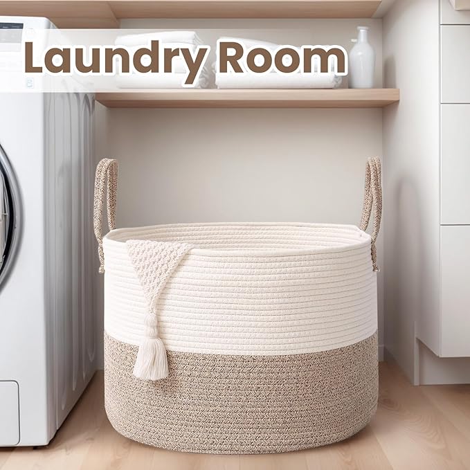 Woven Blanket Basket,65L Large Rope Storage Bin with Handles, Organizer for Blankets Toys Book and Clothes, Laundry Basket for Living Room Bedroom Nursery,White&Brown