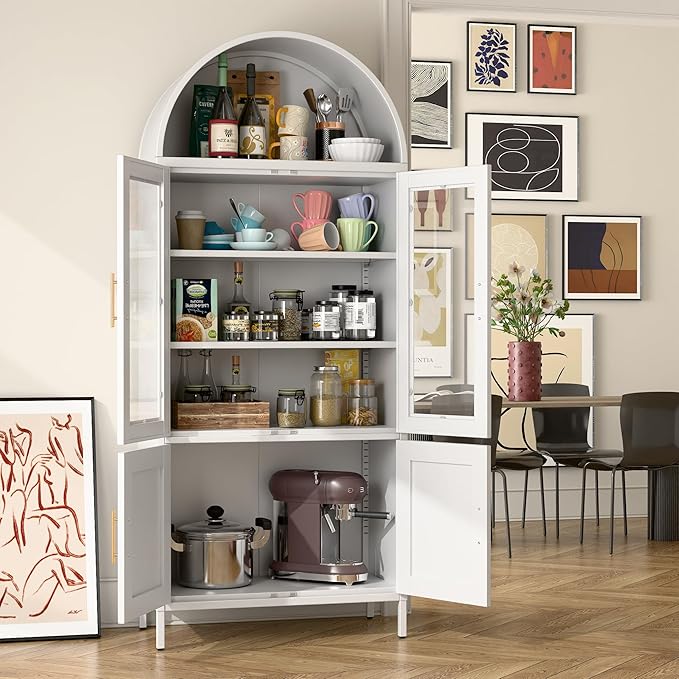 Metal Arched Storage Cabinet, Arch Bookcase with Glass Doors, Modern Freestanding Kitchen Pantry Cabinet for Home Office Bar Living Room (White)