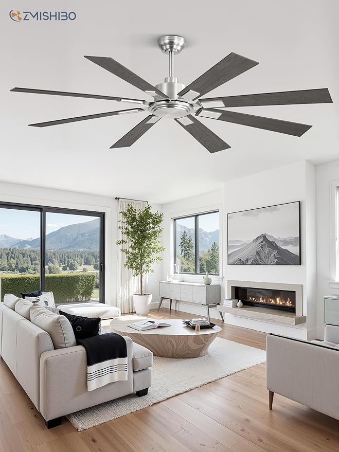 ZMISHIBO 62 Inch Ceiling Fan No Light with Remote Control, 8 Blades Quiet DC Reversible Motor, 6-Speed, Timer, Brushed Nickel Finish, Indoor Outdoor Ceiling Fans for Patios, Living Room, Garage