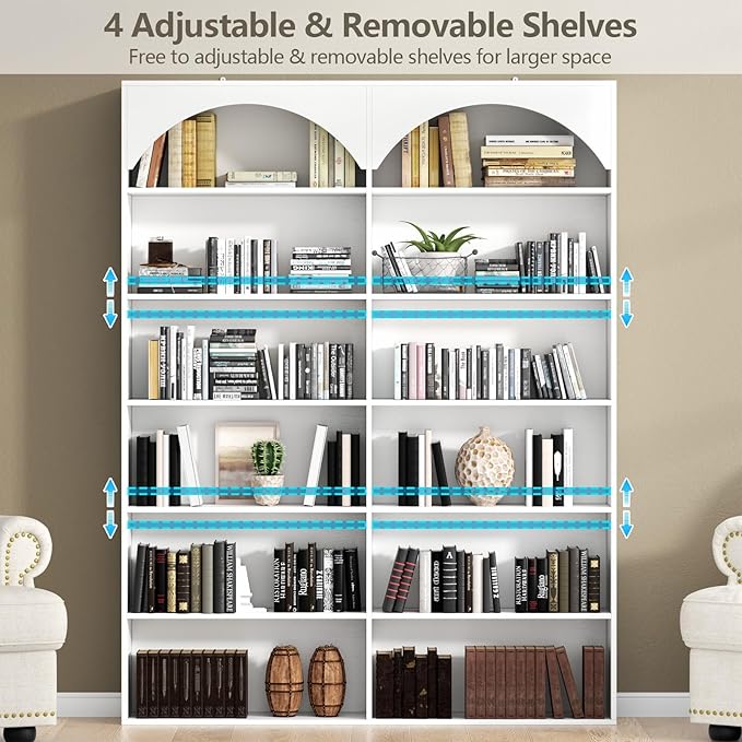 70.8'' Tall Bookshelf and Bookcase of 2 pcs, 7-Tier Double Wide Bookcase Modern Large Open Display Shelves with Curved Baffle for Home Office Living Room (White-2pcs)
