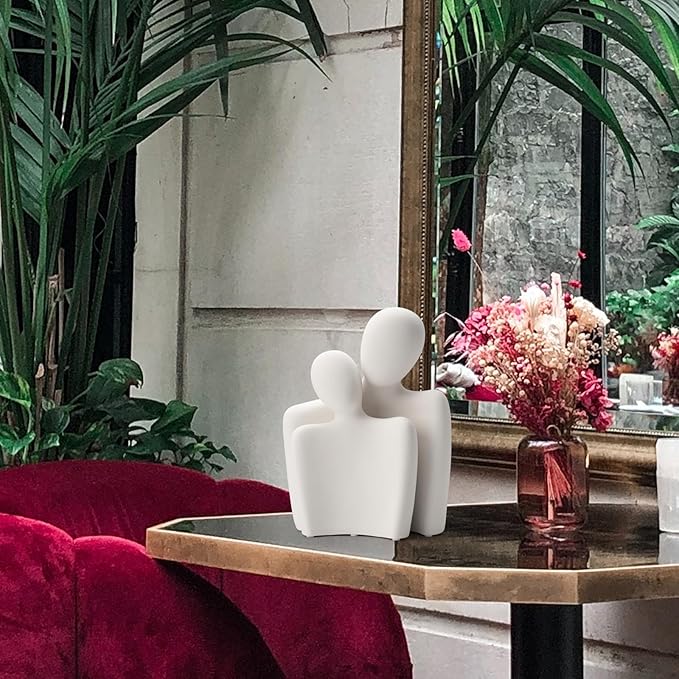 Ceramic Couple Statues for Home Decor, Hugging Couple Figurines for Shelf and Table Decor, Modern Romantic Sculptures for Living Room Bedroom Office Decor, White