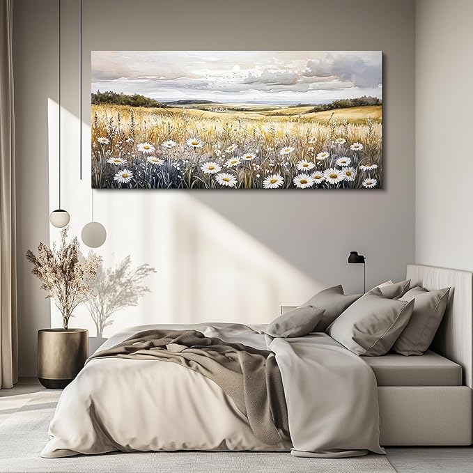 ZUITINGHUA Canvas Wall Art For Living Room Large Wall Decor For Office Bedroom Decoration White Flower Landscape Picture Grassland Painting Artwork Room Wall Mural Aesthetic Home Decor 30x60 In