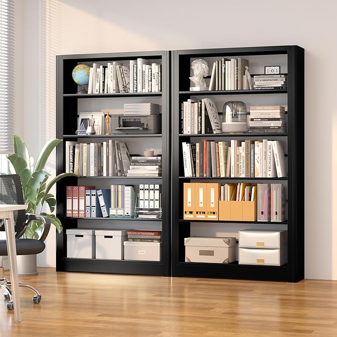 69" Tall Wide-Column Bookshelf,5-Tier Sturdy Bookcase with Adjustable Shelves,Heavy Duty Strong Metal Bookshelf,Black Bookcase with 6 Shelves for Home Office, Living Room, Bedroom, Library (Black)