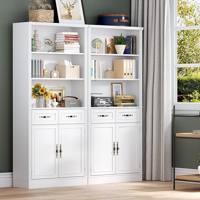 71.4" Tall Bookshelf with Drawers & Cabinet, 5-Tier Floor Standing Bookcase with Storage Doors, Adjustable Shelves & Metal Handles, 31.5" Wide Organizer for Home Office, Living Room