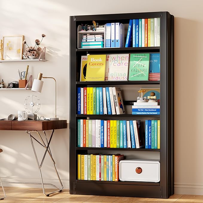 Bookshelf, 5-Tier Metal Sturdy Bookcase,71" H Tall Black Bookcase with Adjustable Shelves, Heavy Duty Storage Bookshelves and Bookcases for Living Room, Library, School, Study, Home Office