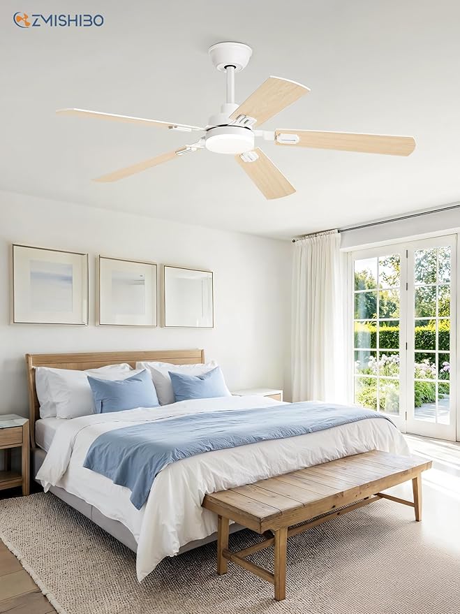 ZMISHIBO 52" Ceiling Fans with Lights, White Modern Ceiling Fan with Remote, bedroom Indoor Ceiling Fan with Dual Finish Blades, Quiet & Strong Motor, Bright LED Light.