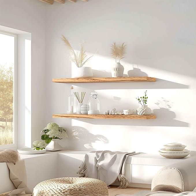 36 Inch Light Wood Floating Shelves for Wall Rustic Wall Shelf for Bedroom Living Room Set of 4