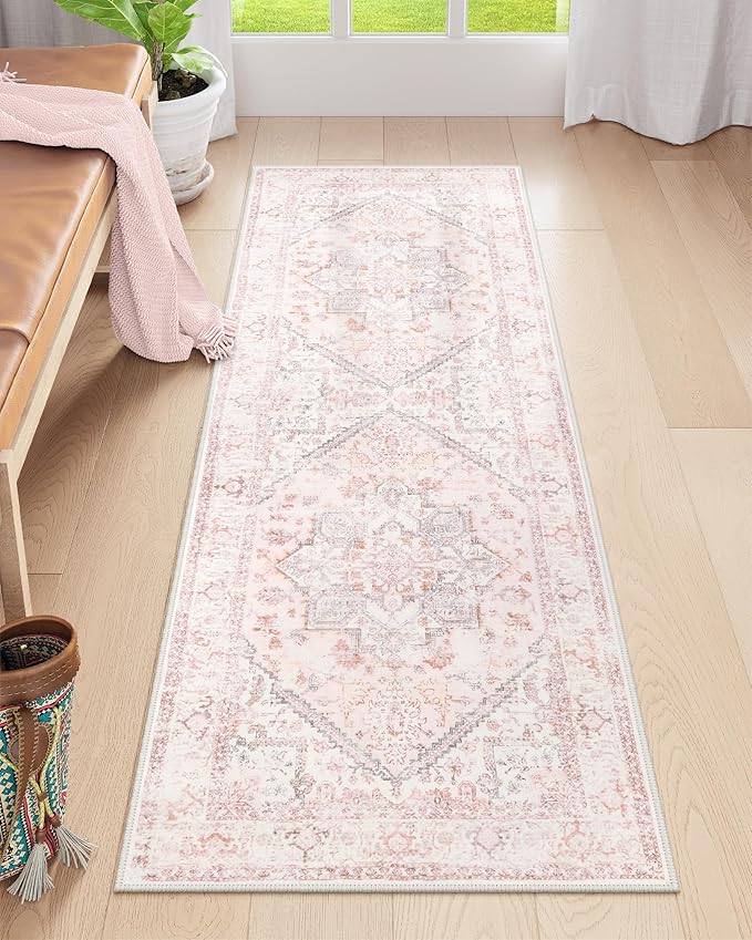 LIVEBOX Washable Runner 2x6 - Oriental Floral Kitchen Rug, Long Entryway, Low-Pile Vintage for Bedroom, Non-Skid Soft Carpet Throw for Bathroom Laundry Room Hallway Pink