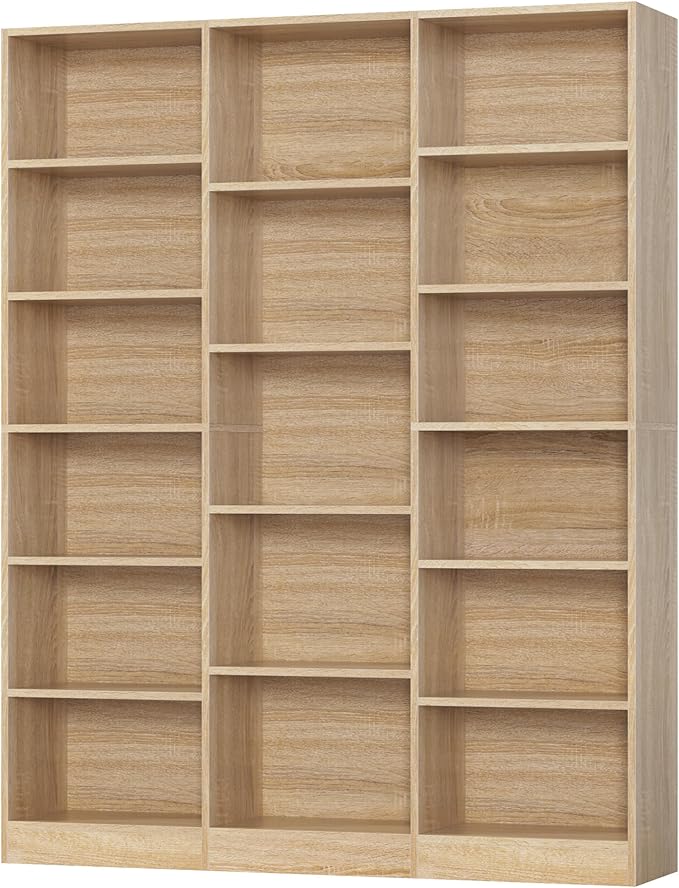 Triple Wide Bookshelf, 6 Tier Large Bookshelf, Bookcase with 17 Open Display Shelves, 74'' Tall Bookcases and Bookshelfs for Living Room, Home Office, Library, Light Oak