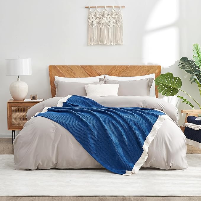 Amélie Home Waffle Throw Blanket for Couch, Soft Cozy Chenille Knit Blanket Warm Decorative Throw for Sofa, 50"x60", Indigo