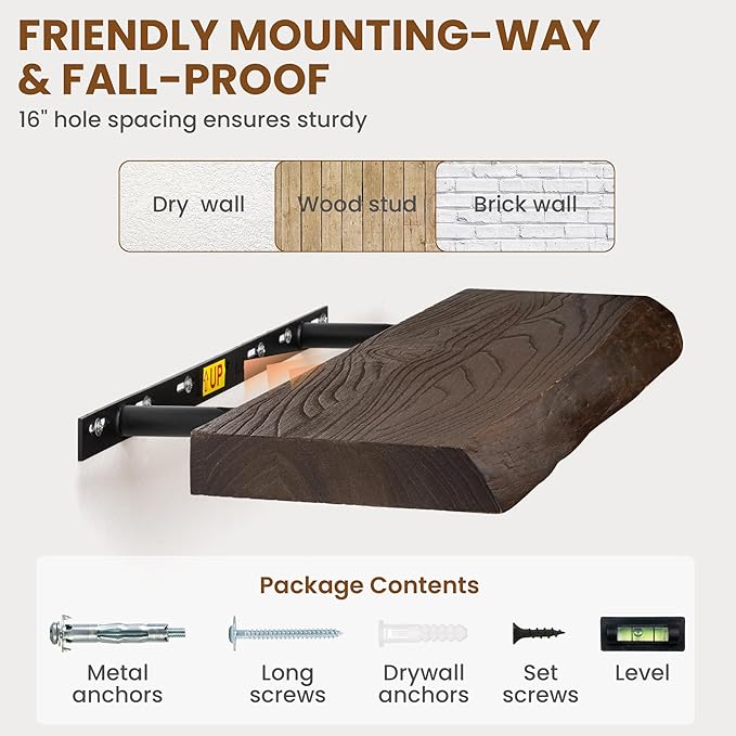 Fun Memories 48" Floating Shelves for Wall, Live Edge Solid Elm Wood Floating Shelf with Invisible Bracket, Wall Mounted Display Wooden Shelves for Bathroom, Kitchen, Bedroom, Walnut Color, Set of 1