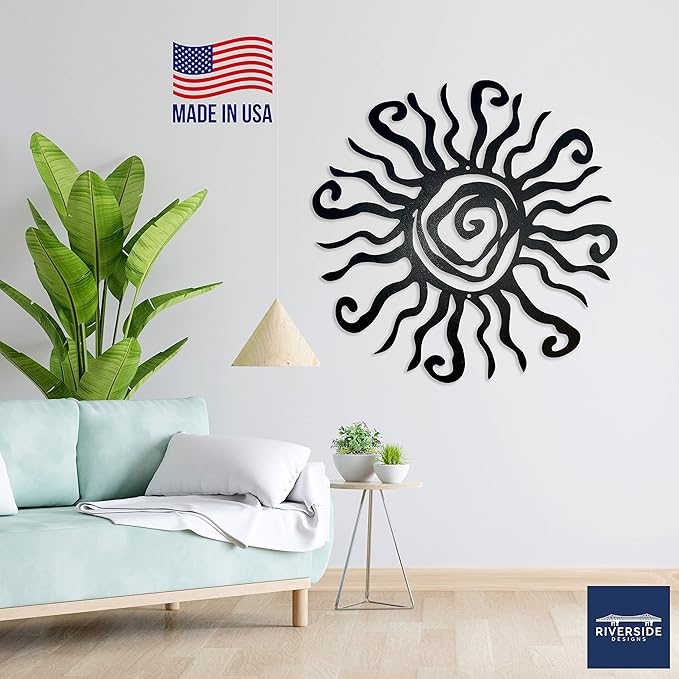 Riverside Designs Wacky Sun Metal Wall Art Indoor/Outdoor Decor - 24" Black Rust Proof Wall Sculpture - Made in USA - Ideal for Bedroom, Garden, Home, Patio and Farmhouse