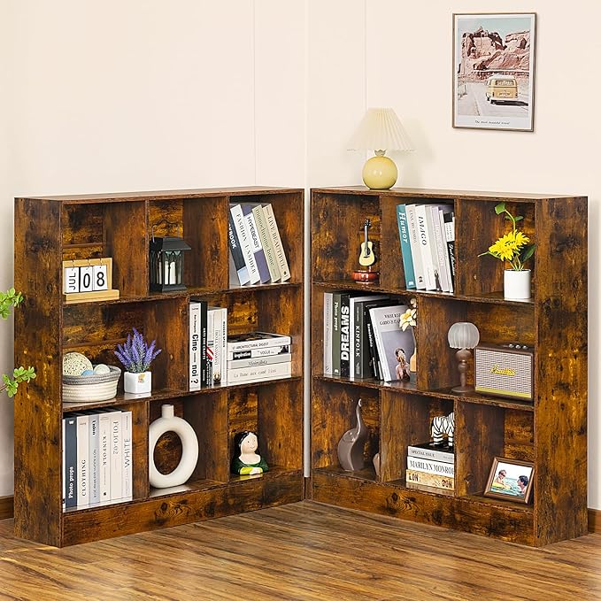 LEYAOYAO 8 Cube Bookshelf with Base,3 Tier Mid-Century Modern Brown Bookcase,Standing Wide Bookshelfs Storage Organizer Shelf,Rustic Wood Display Cabinet Book Shelves for Bedroom,Living Room,Office