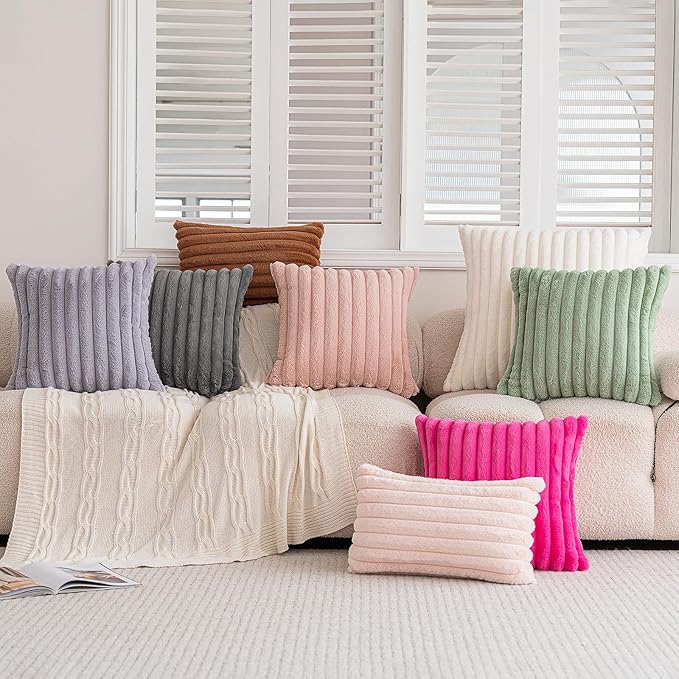 Double-Sided Faux Fur Plush Throw Pillow Covers 20x20 Set of 2 Fuzzy Striped Soft Cozy Pillowcase Luxury Decorative Pillows Square Shaggy Cushion Covers for Couch Sofa Bed,Hot Pink
