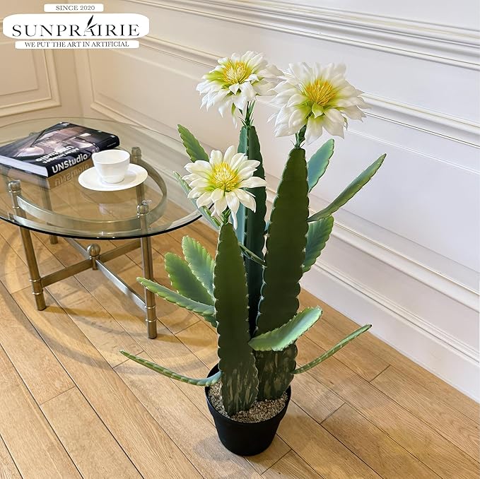 33 Inch Large Artificial Cactus with Lilly White Flowers in Pot with Natural Gravel. Satin Finish Leaves with Real Look and Feel. Outdoor and Indoor Faux Plants.