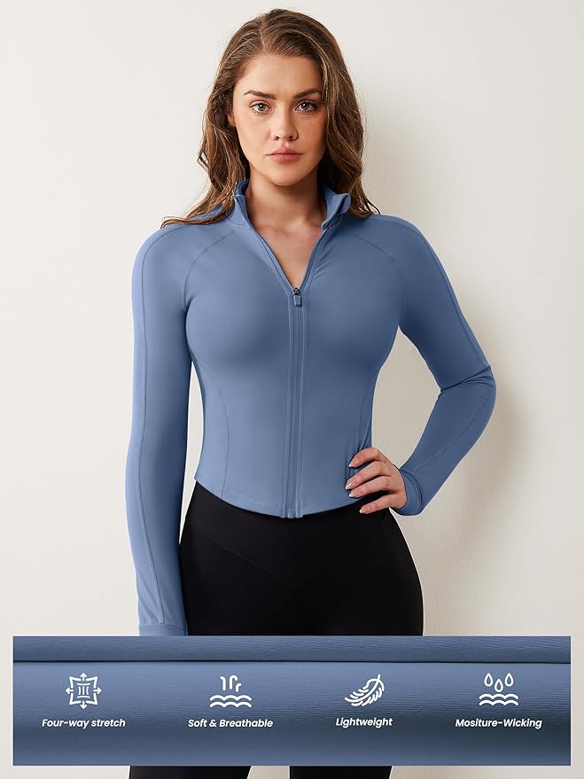 AVGO Women's Workout Jacket Lightweight Zip Up Cropped Yoga Jackets Slim Fit Athletic Tops with Thumb Holes