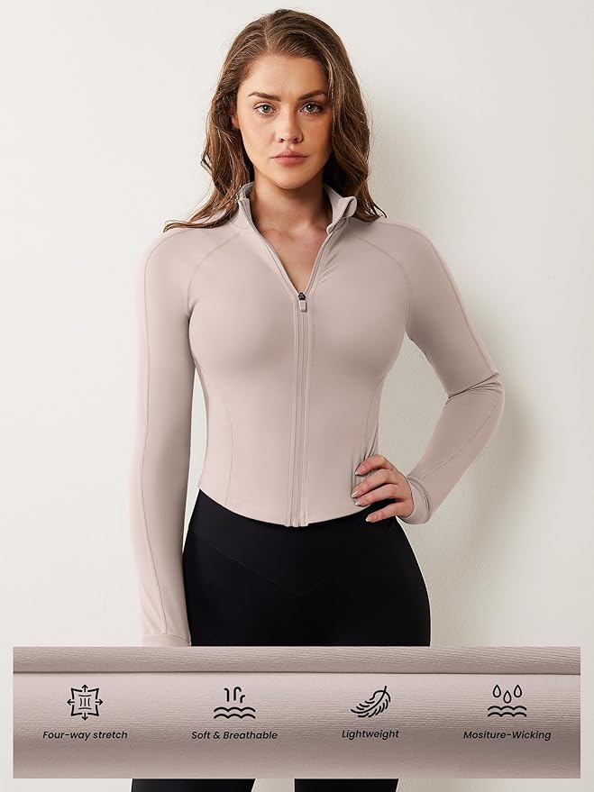 AVGO Women's Workout Jacket Lightweight Zip Up Cropped Yoga Jackets Slim Fit Athletic Tops with Thumb Holes