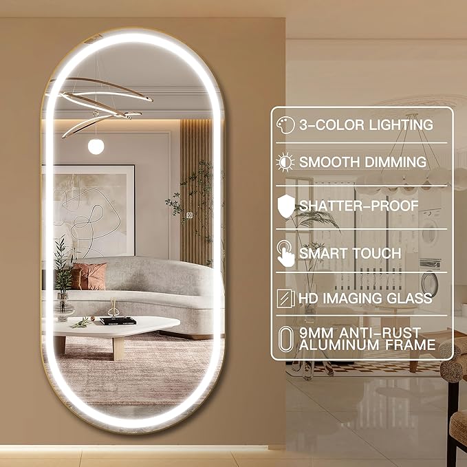 FENNIO 70" x 32" Large Luxury Wall Mounted Mirror with LED Lights - Oval Full Length LED Lighted Full Body Dressing Mirror for Bedroom, Salon, Brushed Aluminum Frame, Tempered Glass