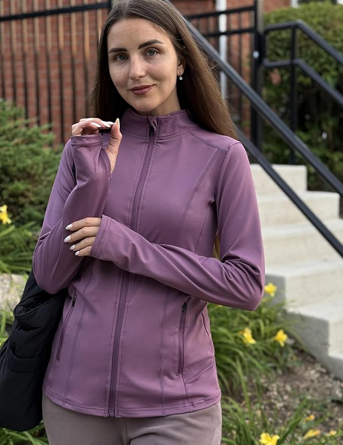 PINSPARK Women's Athletic Jackets Slim Fit Workout Jacket Full Zip Up Running Gym Yoga Sports Tops with Pockets