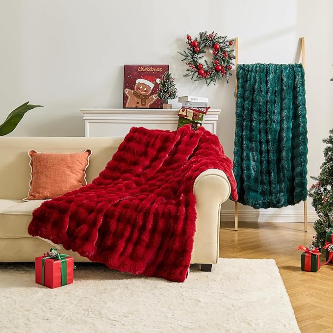 Heated Blanket Electric Throw Blanket 72''X 84''-Heating Blanket with 6 Heat Settings-4/10 Hours Auto Off,Cozy Faux Rabbit Fur Bubble Electric Blanket,Dark Green