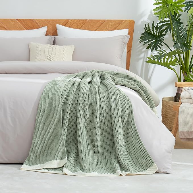 Amélie Home Waffle Throw Blanket for Couch, Soft Cozy Chenille Knit Blanket Warm Decorative Throw for Sofa, 50"x60", Sage Green