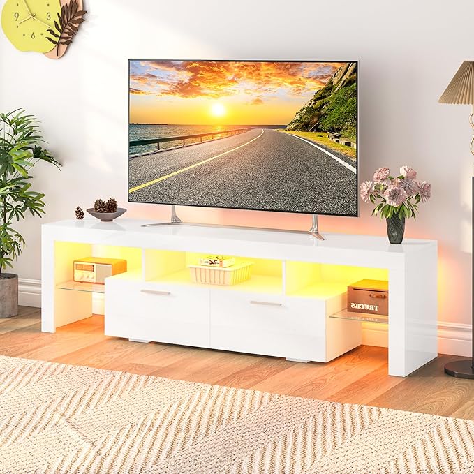 71 inch Modern High Gloss LED TV Stand with Storage for 55 60 65 70 75 80 inch TV, Gaming Entertainment Center for PS5, TV Cabinet with Glass Shelves for Living Room, Bedroom, White