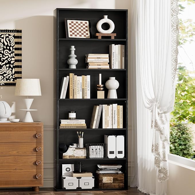 JAMFLY Open Bookshelf and Bookcase Set of 2, 6 Shelf Storage Shelves Tall Bookcase for Bedroom, Living Room and Office, Black