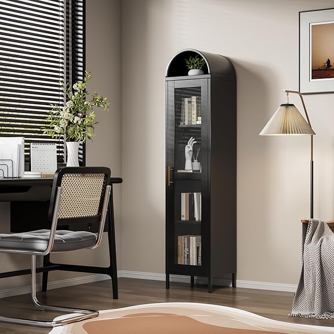 Modern Freestanding Arched Cabinet, Arch Display Bookcase with Glass Door/Shelves for Dining Room, Home, Office, Kitchen Pantry, Assembly Required (Black)