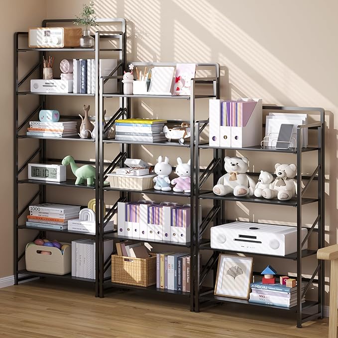 JSB No Assembly Folding Bookshelf, 6 Tier Industrial Metal Book Shelf for Storage, Vintage Wood Foldable Bookcase for Living Room, Bedroom, Office Organization Shelves