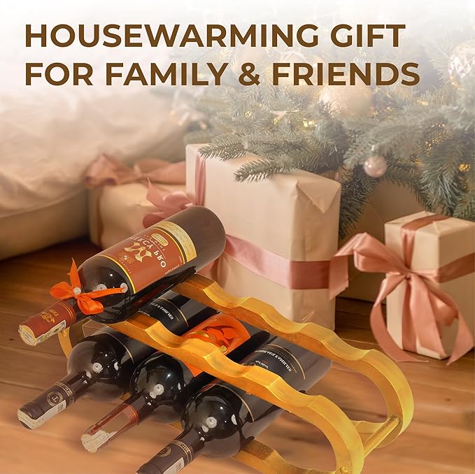 16" Acacia Wood Wine Rack, Elegant 8-Bottle Wooden Countertop Display, Modern Compact Storage Stand for Kitchen, Bar, or Dining Room Decor, Durable & Convenient