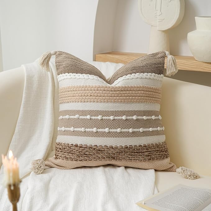 Fall Brown Decorative Throw Pillow Cover 18x18 Square Boho Accent Pillowcase Tassels Farmhouse Cushion for Couch Sofa Bedroom Livingroom Home Décor Cover ONLY (Pack of 1)