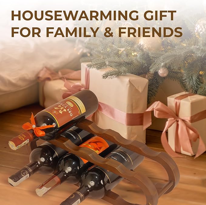 16" Walnut Wood Wine Rack, Elegant 8-Bottle Wooden Countertop Display, Modern Compact Storage Stand for Kitchen, Bar, or Dining Room Decor, Durable & Convenient