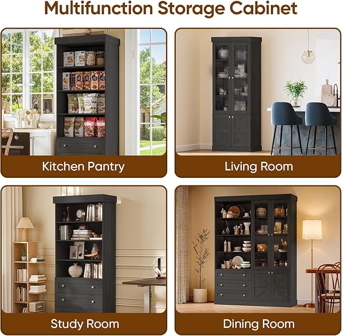 Vyre 71" Tall Farmhouse Kitchen Pantry, Large Storage Cabinet with Adjustable Shelves, 3 Drawer, Wood Versatile Hutch Cabinet for Living Room, Dining Room, Black