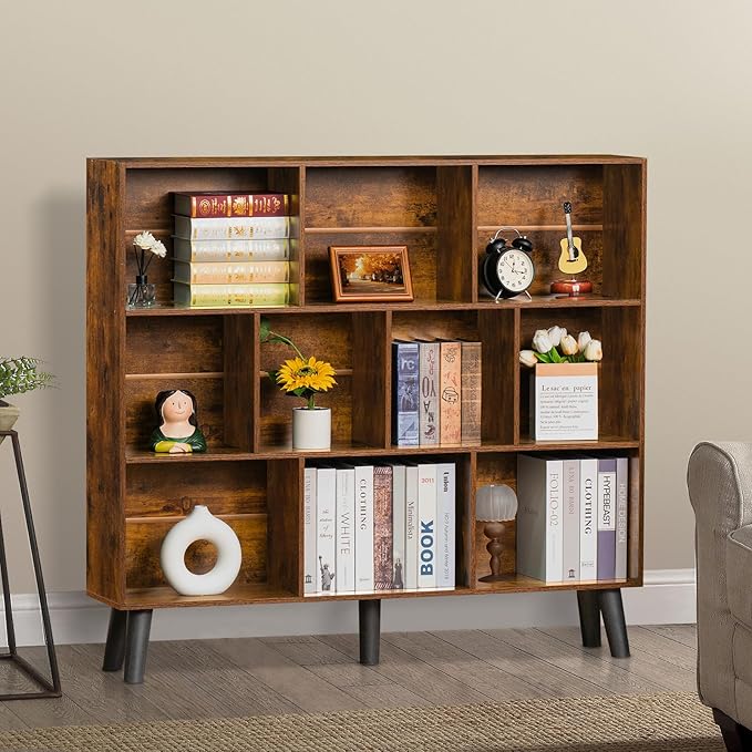 LEYAOYAO 10 Cube Bookshelf,3 Tier Modern Wide Bookcase with Legs,Mid-Century Wood Bookshelfs Storage,Brown Large Book Case,Freestanding Organizer Display Shelf for Bedroom,Living Room,Office