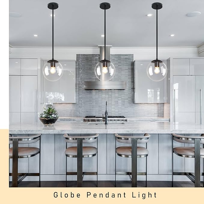 8 Inch Black Mid Century Pendant Light Globe Clear Glass Fixture Lights Kitchen Island Globe Pendant Light Mid Century Adjustable Hanging Farmhouse Lights Fixtures for Kitchen Island