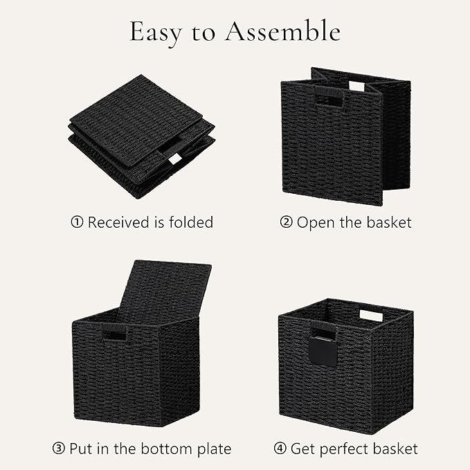 UBBCARE 2 Pack Wicker Basket, 10.5×10.5 Storage Cubes with Label, Foldable Cube Storage Bin with Handle, Square Storage Basket for Shelves, Woven Paper Rope Basket for Organizing, Black
